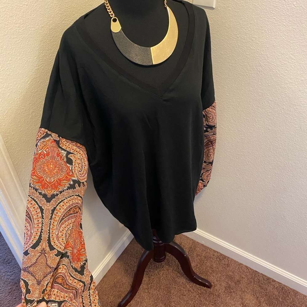 SHEIN Black Mixed Media Paisley Sleeve Top Tee XL - Picture 2 of 6